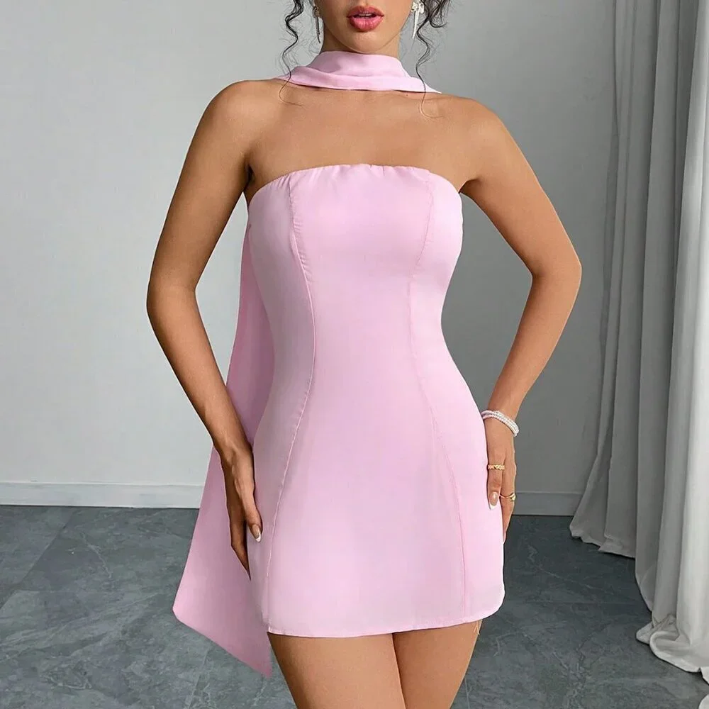 Baby Pink Elegant Party Women's Halter Bodycon Mini Dress - Picture 10 of 11